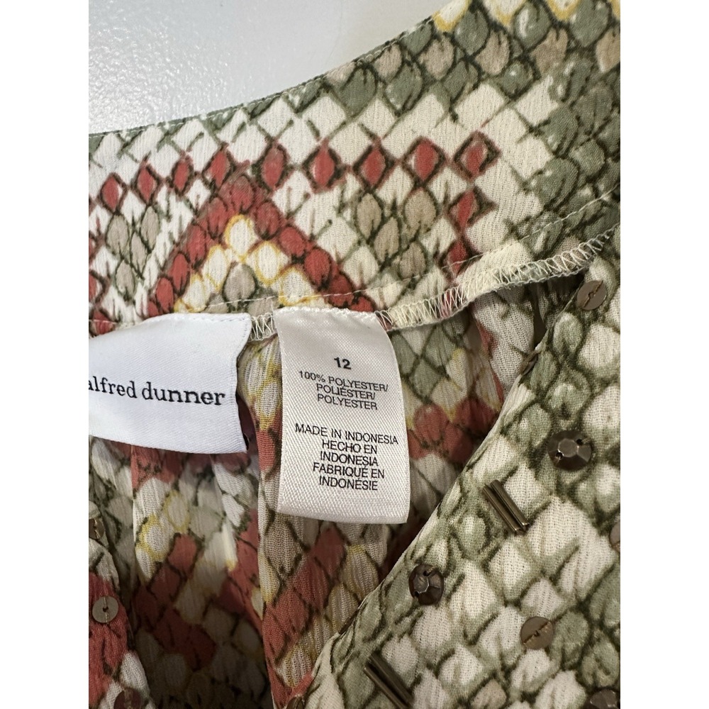 Alfred Dunner Tunic Top Womens 12 Olive & Rust Snakeskin Print‎ Beaded Front Tie - Picture 3 of 7